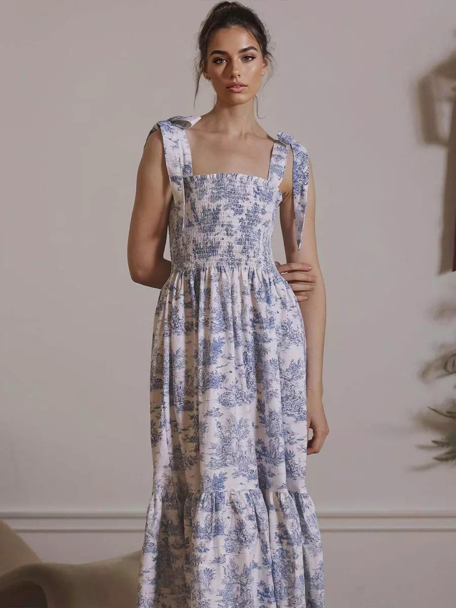 Bohemian Landscape Print Square Neck Shirred Long Maxi Dress