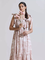 Bohemian Landscape Print Square Neck Shirred Long Maxi Dress
