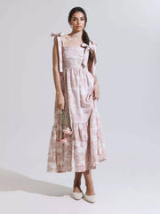 Bohemian Landscape Print Square Neck Shirred Long Maxi Dress