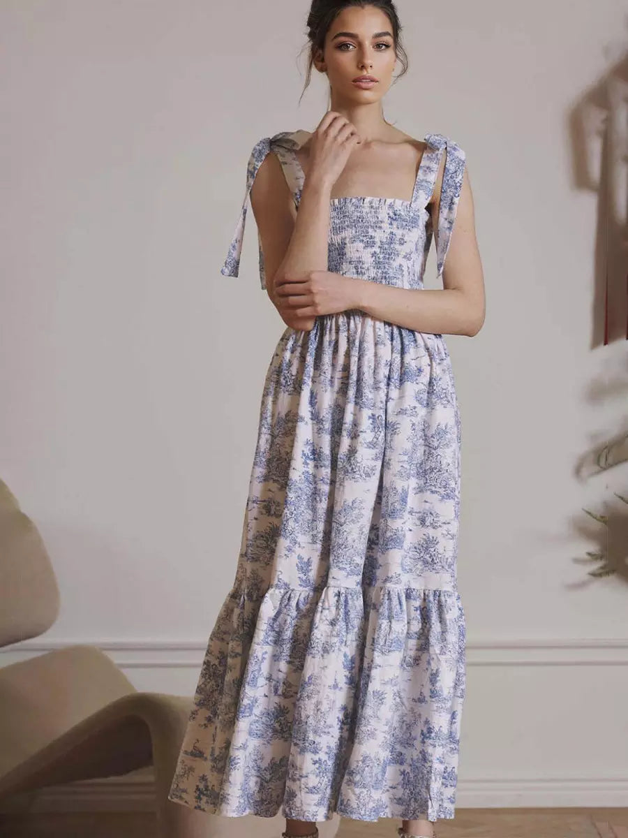 Bohemian Landscape Print Square Neck Shirred Long Maxi Dress