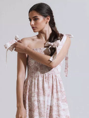 Bohemian Landscape Print Square Neck Shirred Long Maxi Dress