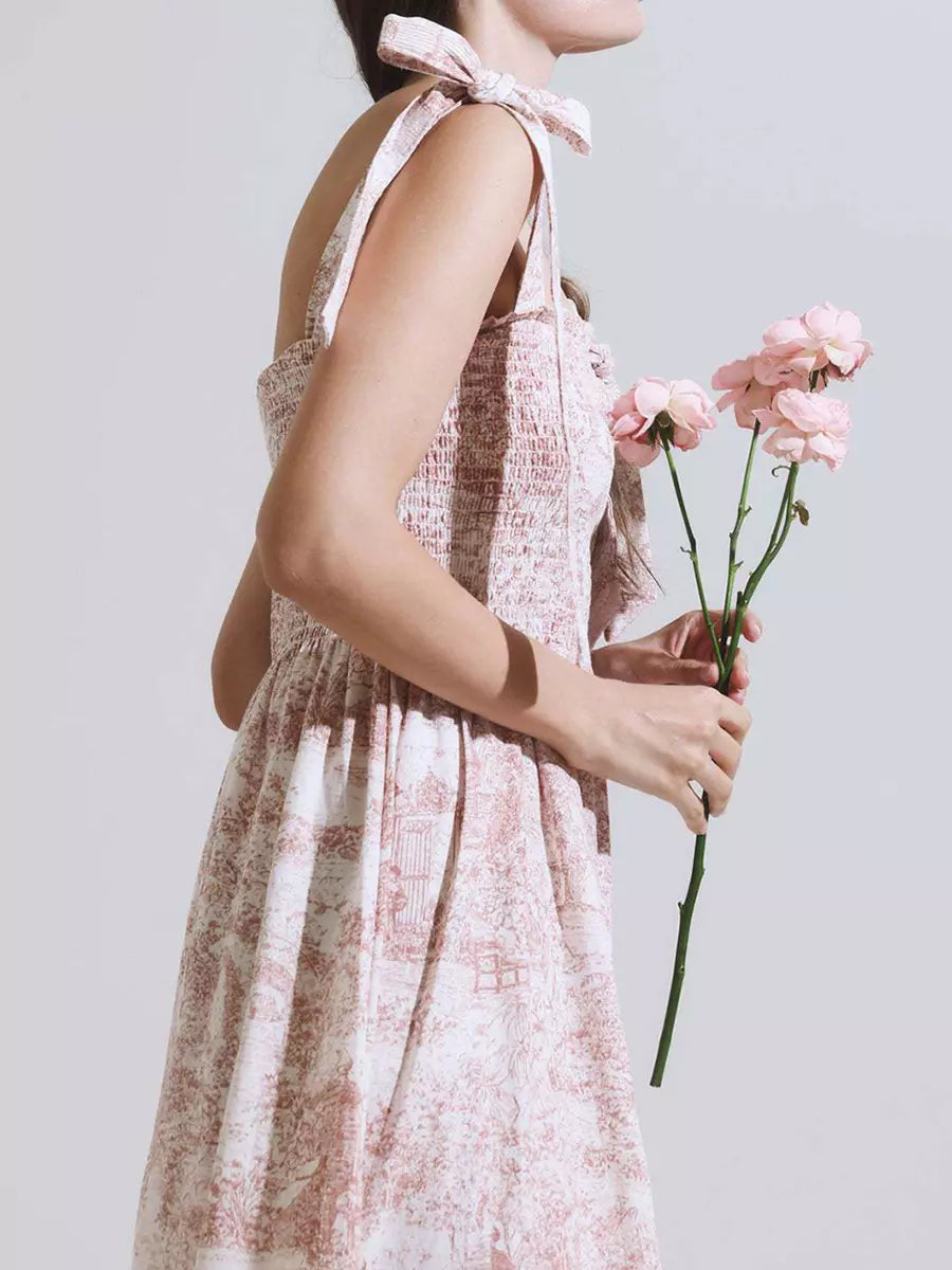 Bohemian Landscape Print Square Neck Shirred Long Maxi Dress