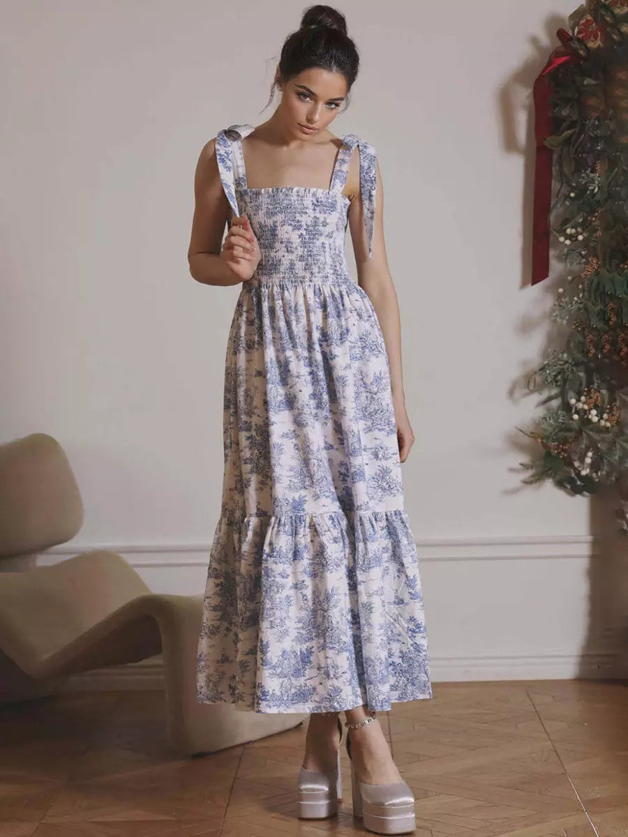 Bohemian Landscape Print Square Neck Shirred Long Maxi Dress