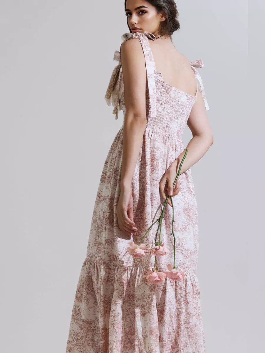 Bohemian Landscape Print Square Neck Shirred Long Maxi Dress
