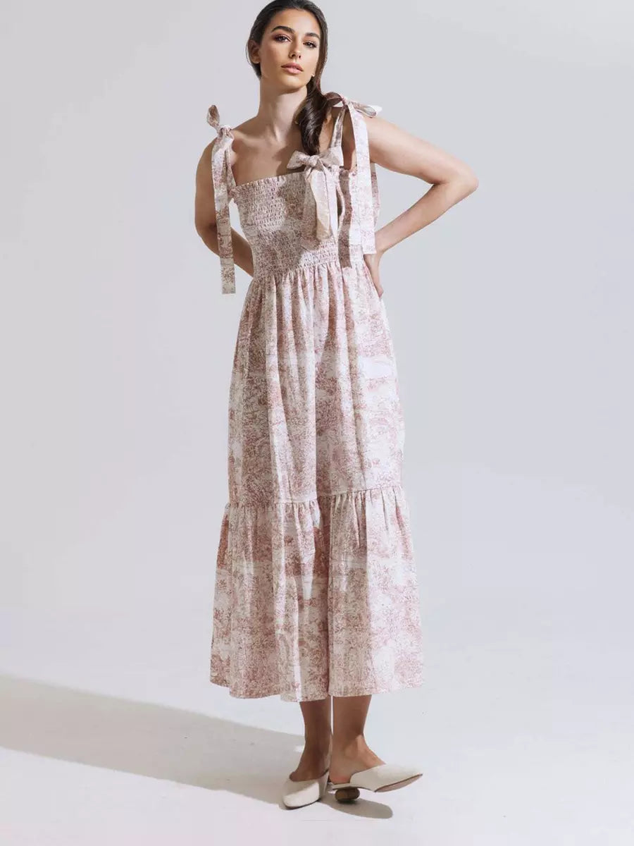 Bohemian Landscape Print Square Neck Shirred Long Maxi Dress