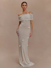 Bohemian Off Shoulder Floral Accents For Formal Events Maxi Gown