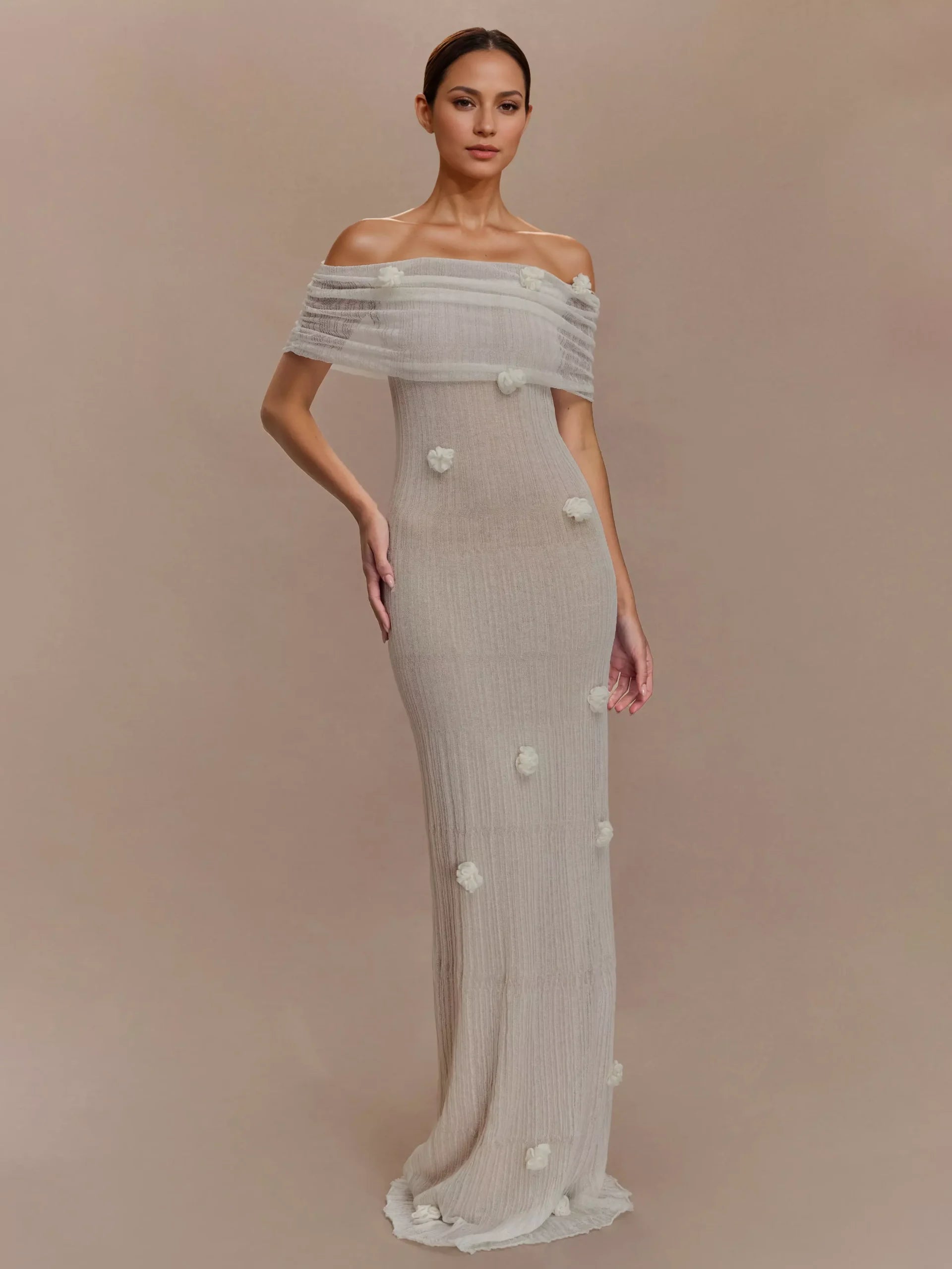 Bohemian Off Shoulder Floral Accents For Formal Events Maxi Gown