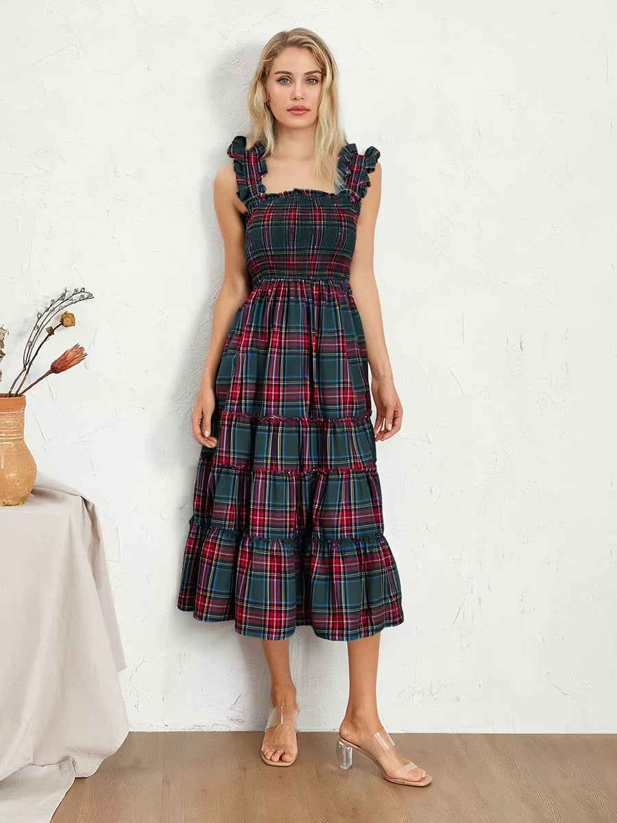 Bohemian Plaid Print Ruffled A-Line Party Beach Style Midi Dress