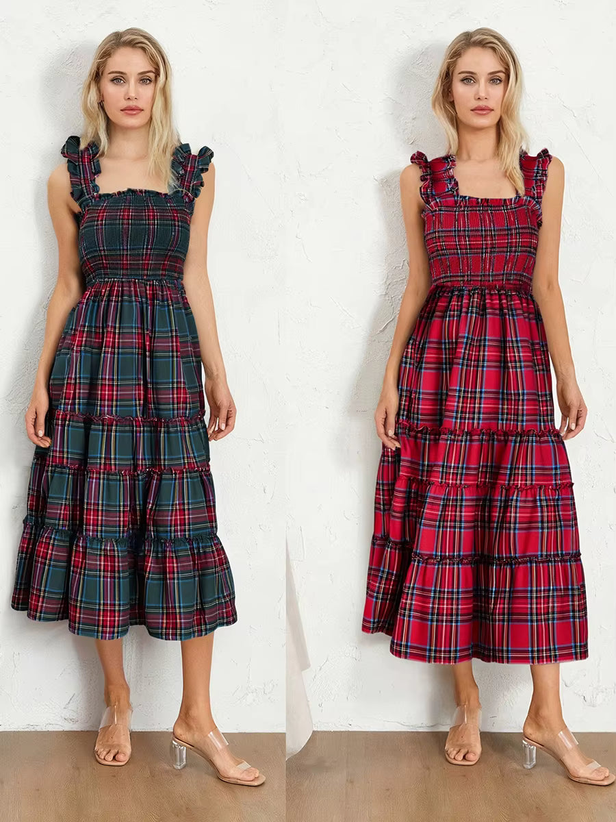 Bohemian Plaid Print Ruffled A-Line Party Beach Style Midi Dress