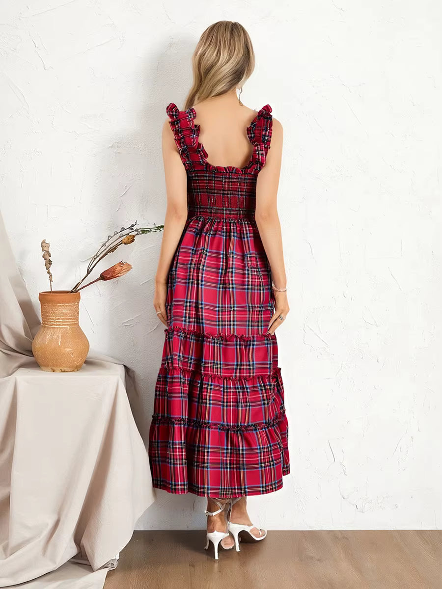 Bohemian Plaid Print Ruffled A-Line Party Beach Style Midi Dress