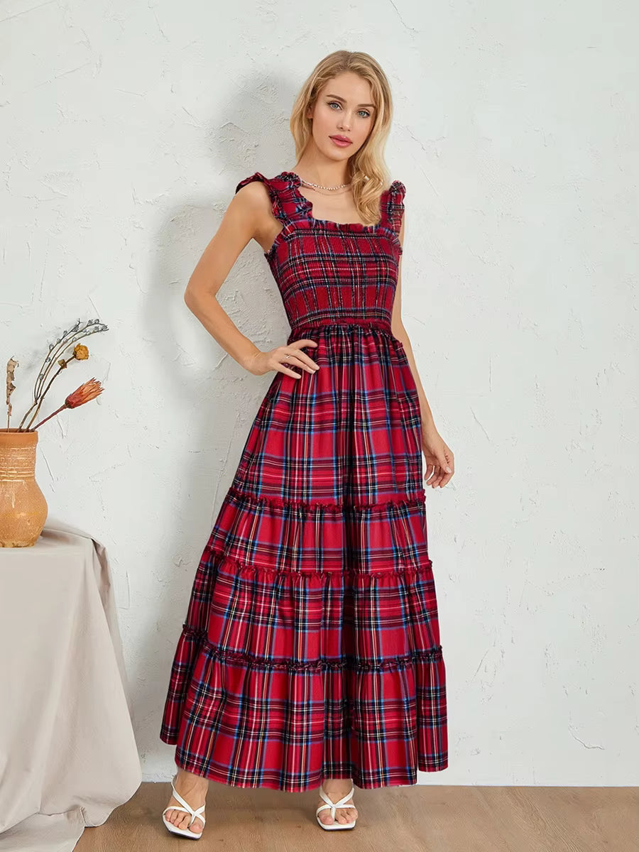 Bohemian Plaid Print Ruffled A-Line Party Beach Style Midi Dress
