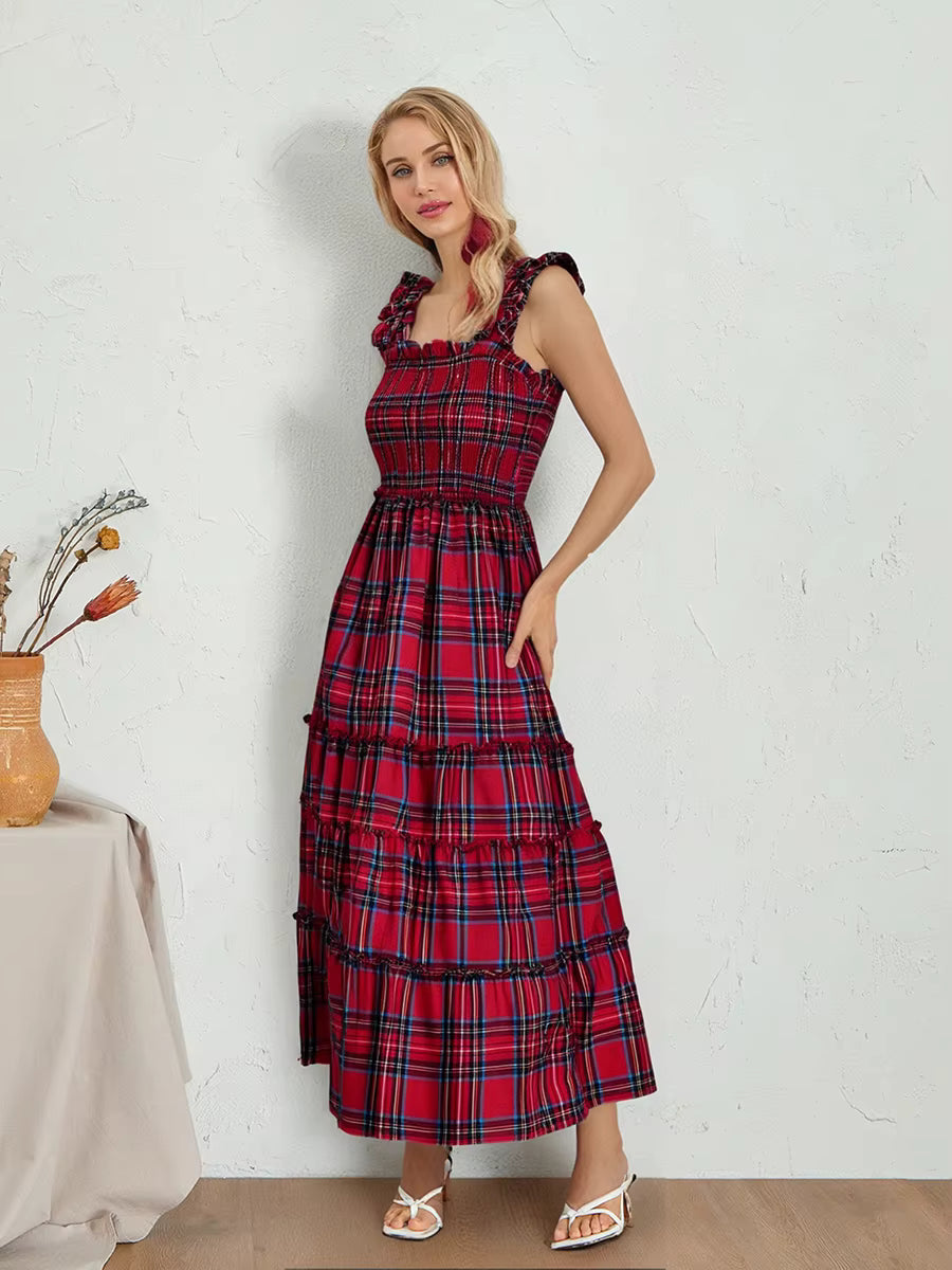 Bohemian Plaid Print Ruffled A-Line Party Beach Style Midi Dress