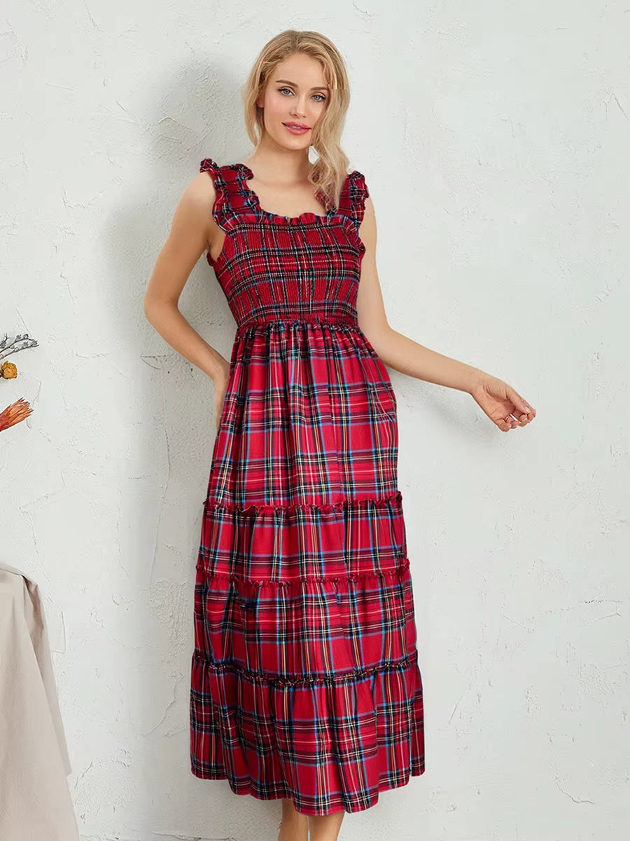Bohemian Plaid Print Ruffled A-Line Party Beach Style Midi Dress