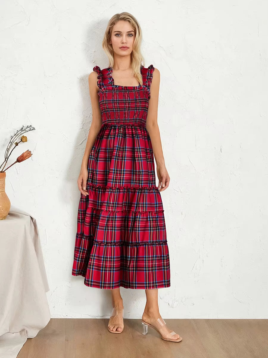 Bohemian Plaid Print Ruffled A-Line Party Beach Style Midi Dress