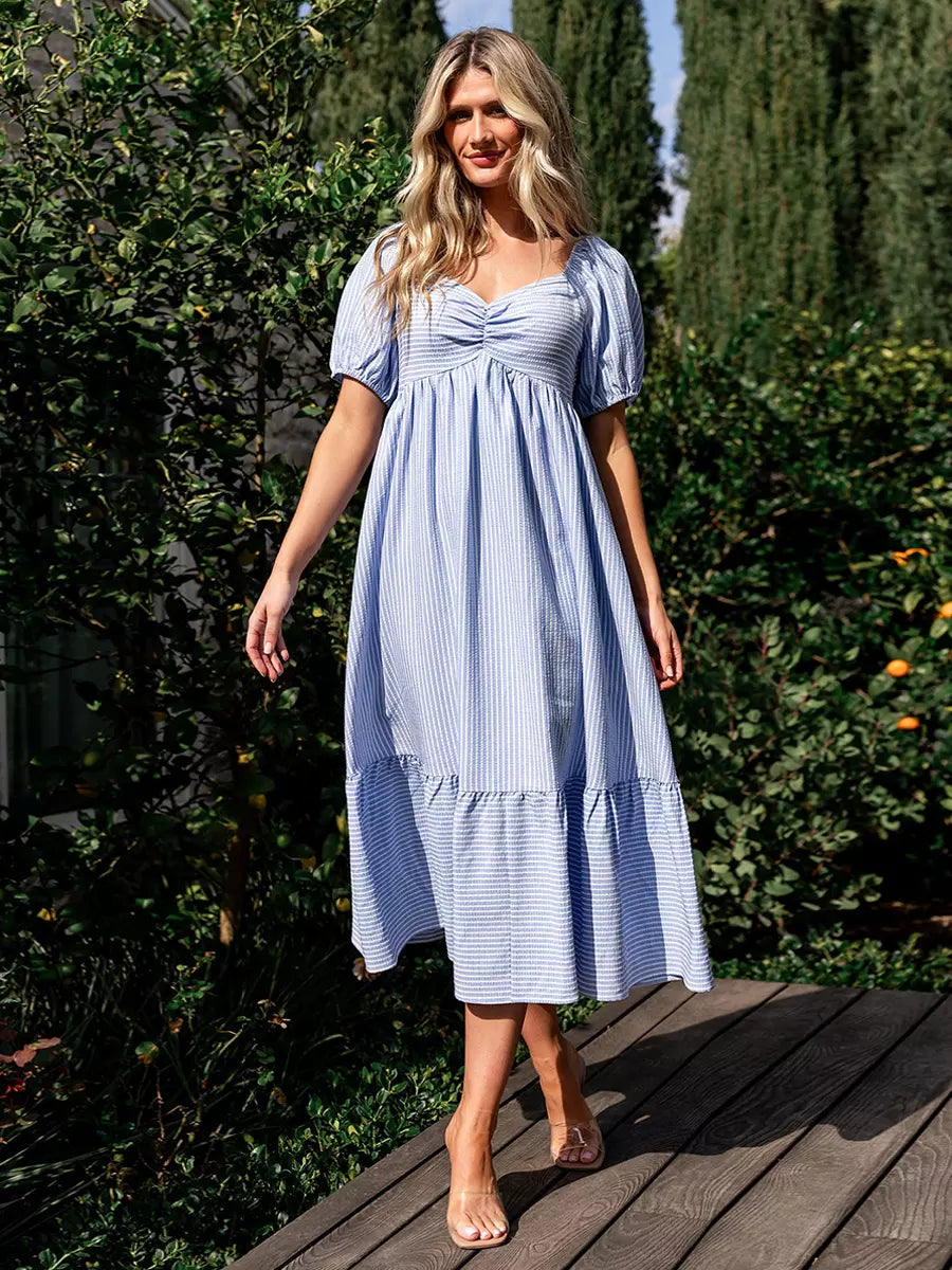 Bohemian Pleated Beach Style Puffed Sleeves Striped Oversized Midi Dress
