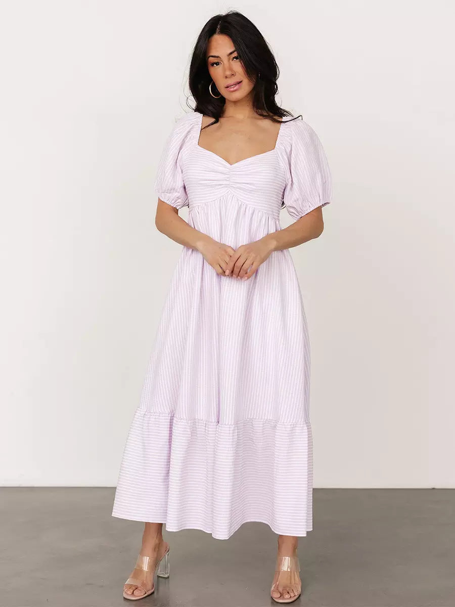 Bohemian Pleated Beach Style Puffed Sleeves Striped Oversized Midi Dress