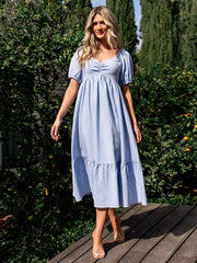 Bohemian Pleated Beach Style Puffed Sleeves Striped Oversized Midi Dress