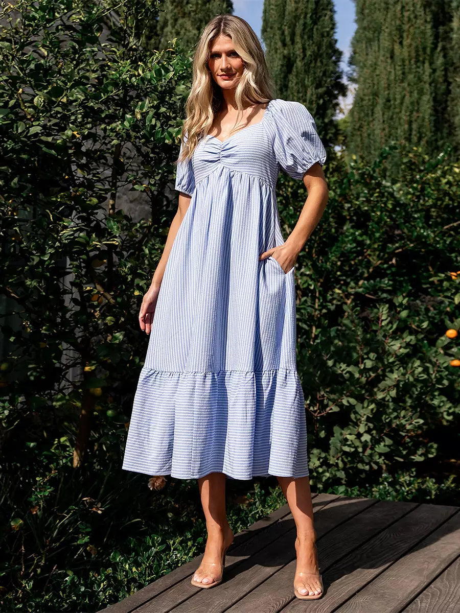 Bohemian Pleated Beach Style Puffed Sleeves Striped Oversized Midi Dress