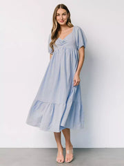 Bohemian Pleated Beach Style Puffed Sleeves Striped Oversized Midi Dress