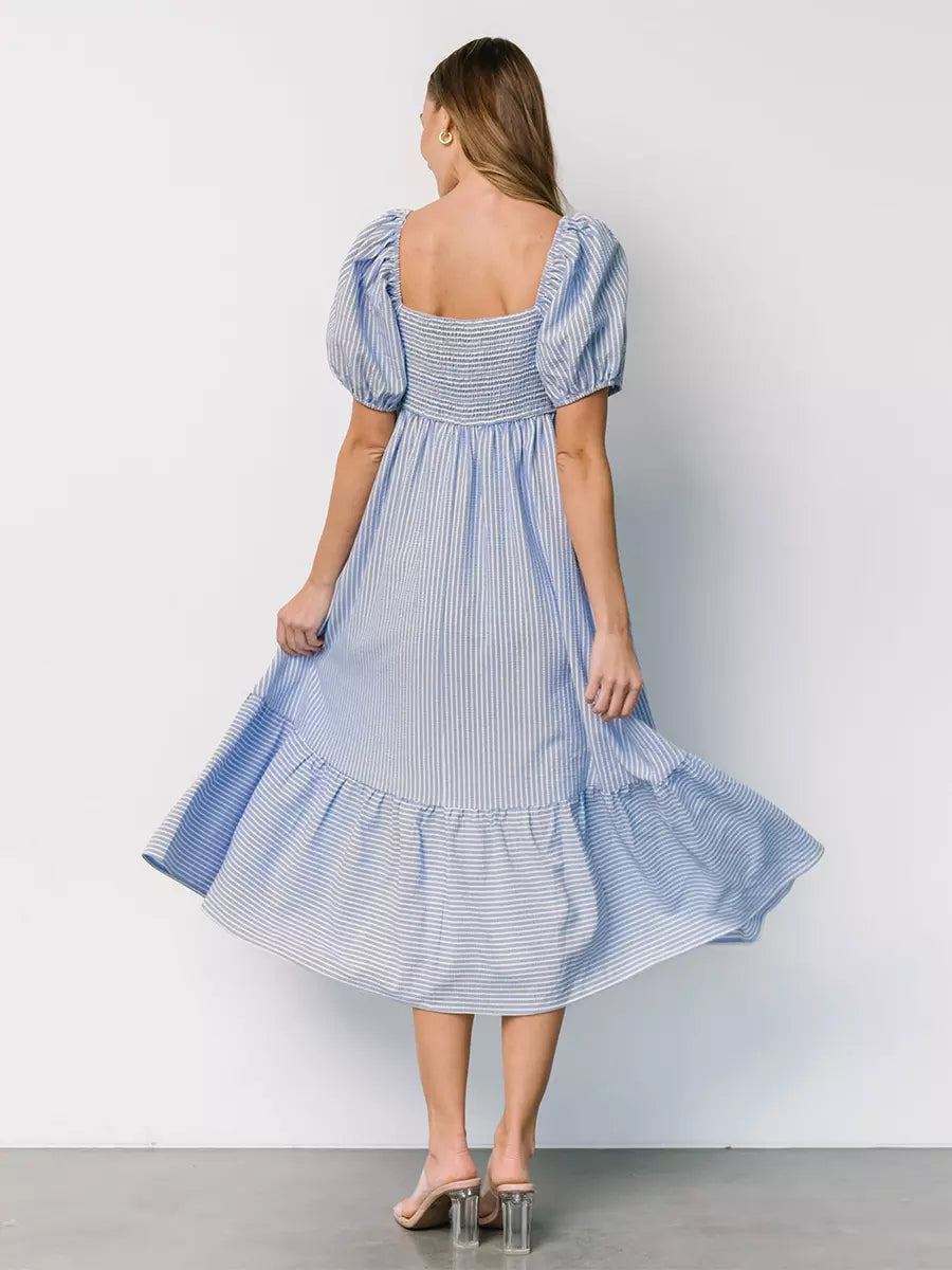 Bohemian Pleated Beach Style Puffed Sleeves Striped Oversized Midi Dress