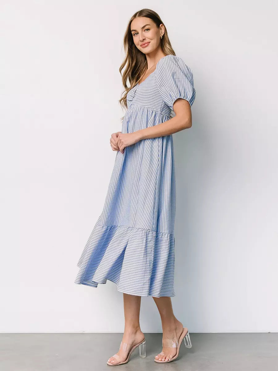 Bohemian Pleated Beach Style Puffed Sleeves Striped Oversized Midi Dress