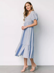 Bohemian Pleated Beach Style Puffed Sleeves Striped Oversized Midi Dress