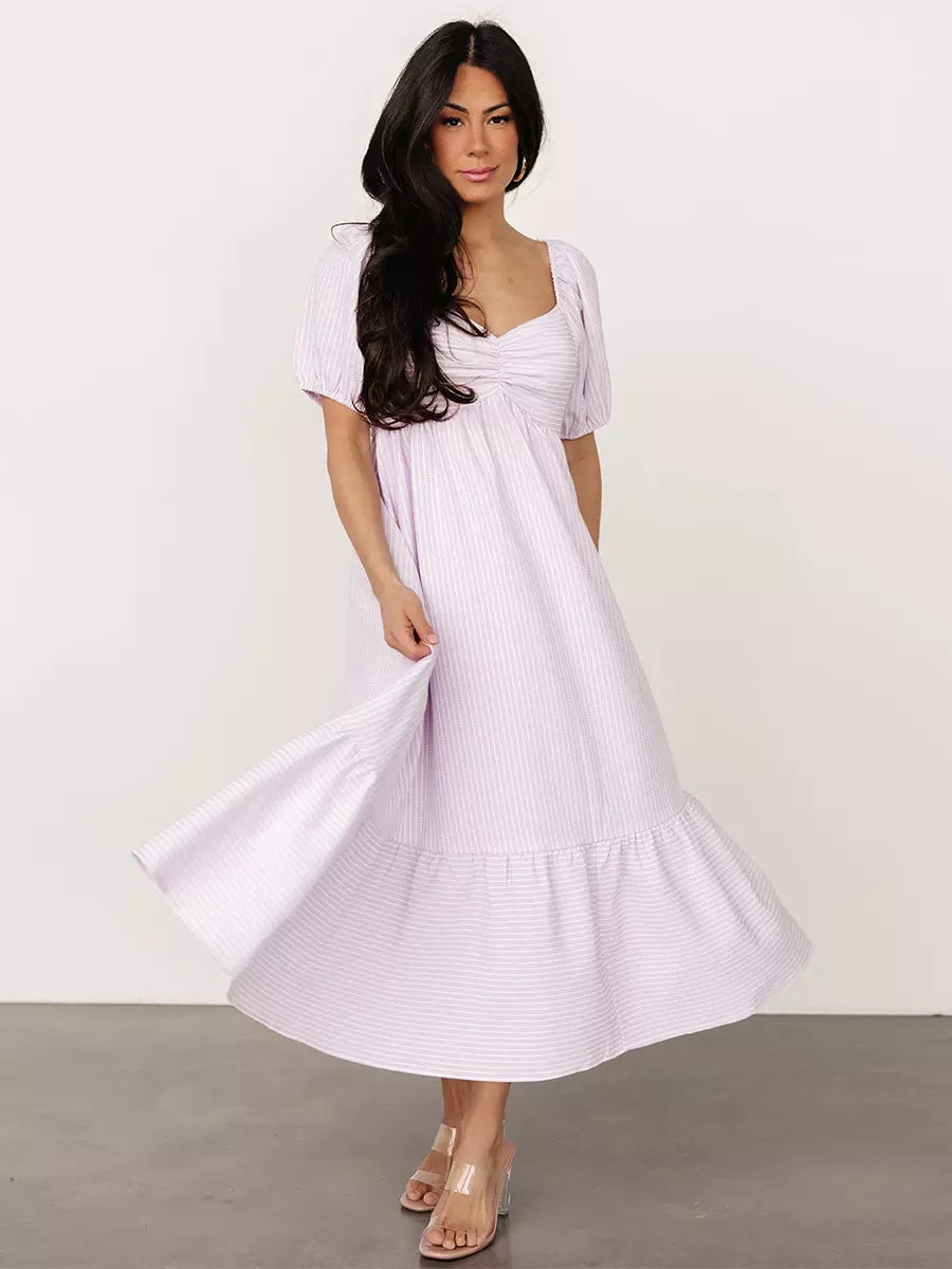 Bohemian Pleated Beach Style Puffed Sleeves Striped Oversized Midi Dress