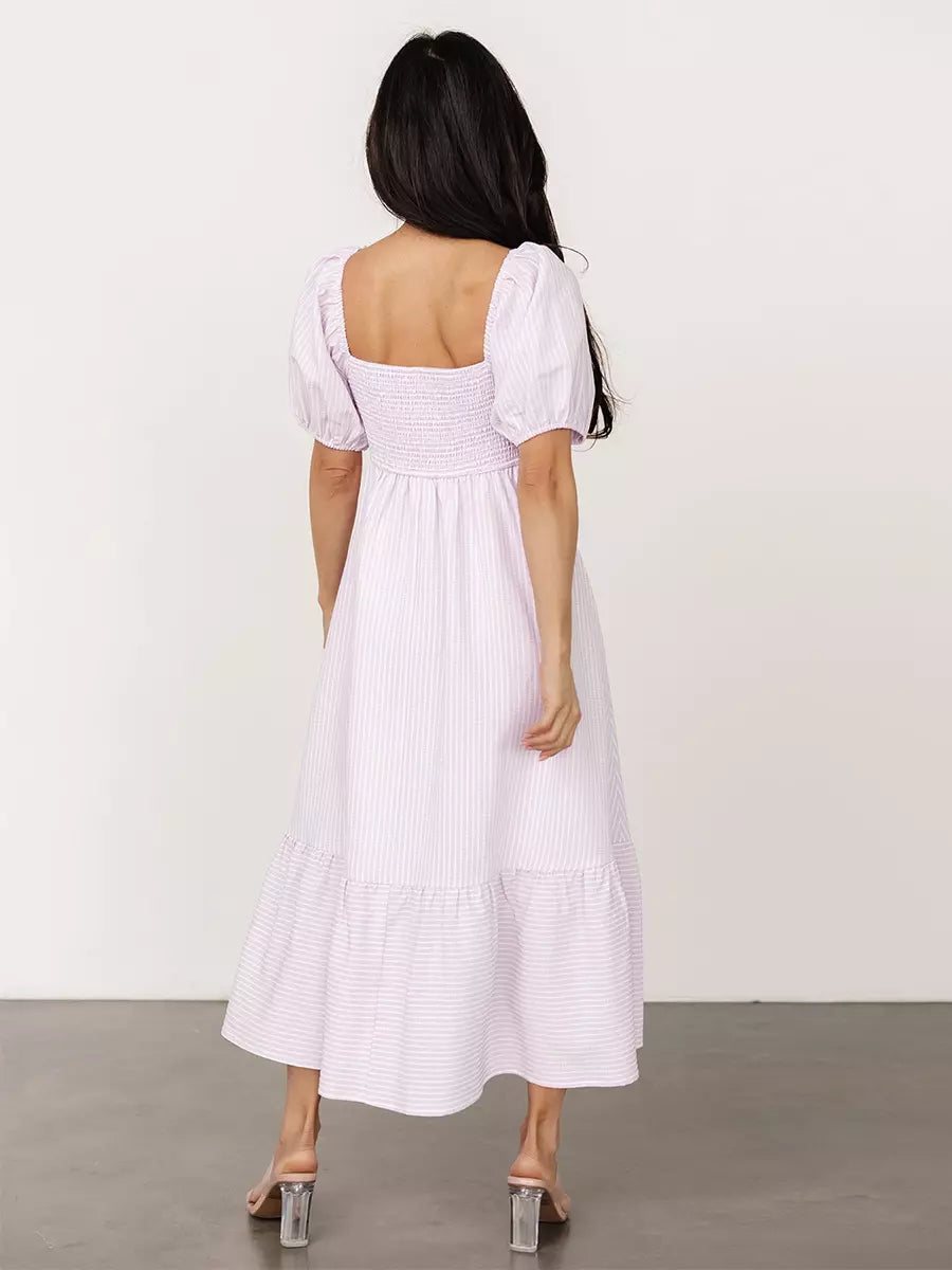 Bohemian Pleated Beach Style Puffed Sleeves Striped Oversized Midi Dress