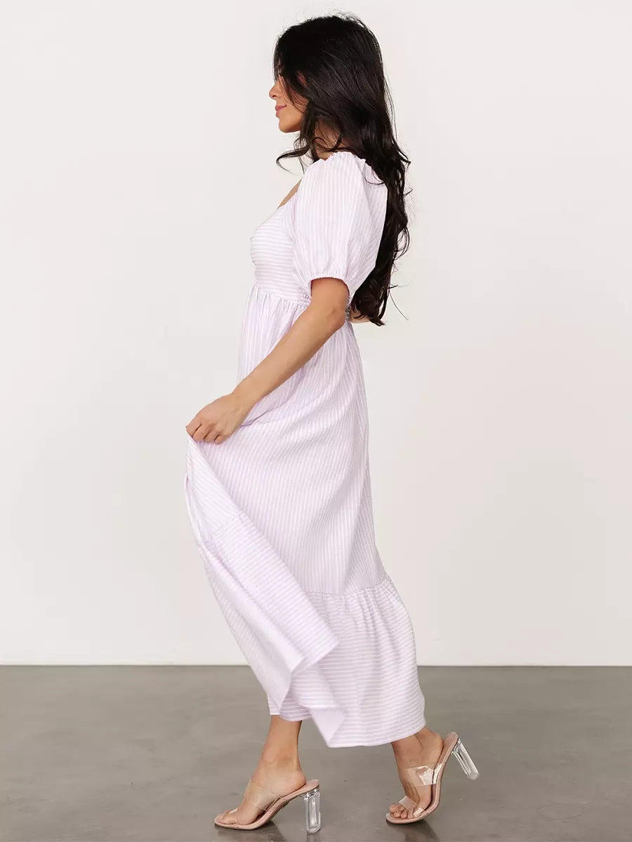 Bohemian Pleated Beach Style Puffed Sleeves Striped Oversized Midi Dress