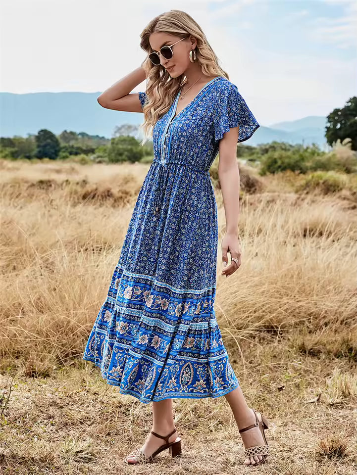 Bohemian Pleated Floral Print Deep V-Neck Button Beach Style Midi Dress