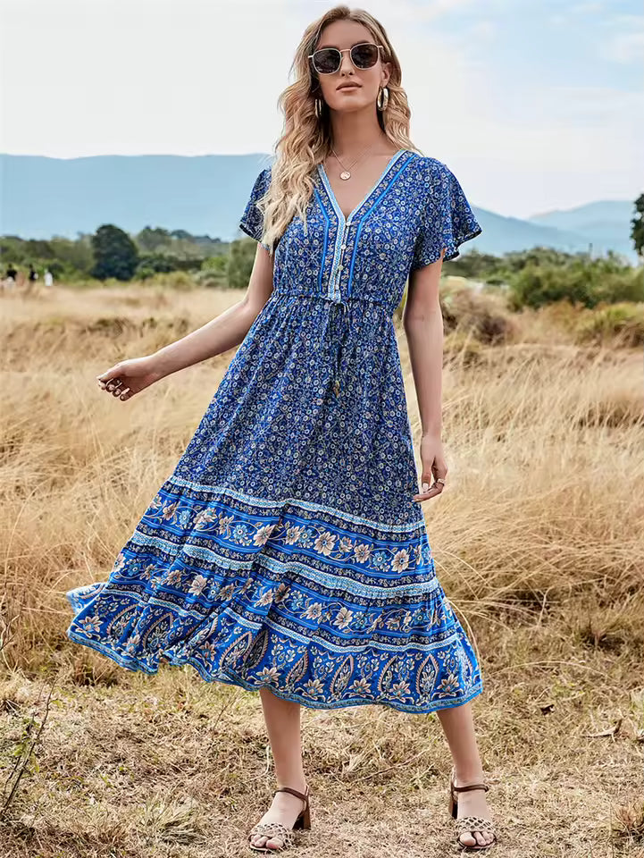 Bohemian Pleated Floral Print Deep V-Neck Button Beach Style Midi Dress