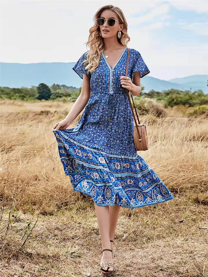 Bohemian Pleated Floral Print Deep V-Neck Button Beach Style Midi Dress