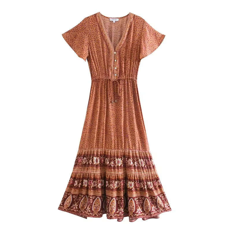 Bohemian Pleated Floral Print Deep V-Neck Button Beach Style Midi Dress