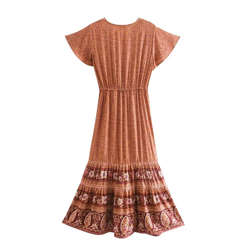 Bohemian Pleated Floral Print Deep V-Neck Button Beach Style Midi Dress