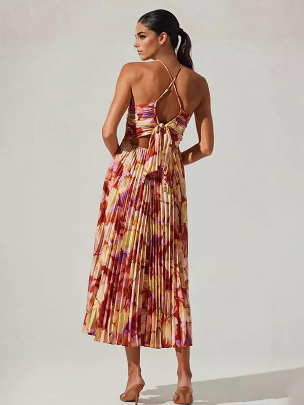 Bohemian Pleated Floral Print V-Neck Long Slip Midi Dress