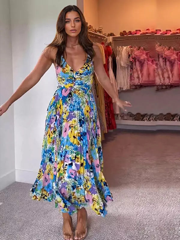 Bohemian Pleated Floral Print V-Neck Long Slip Midi Dress