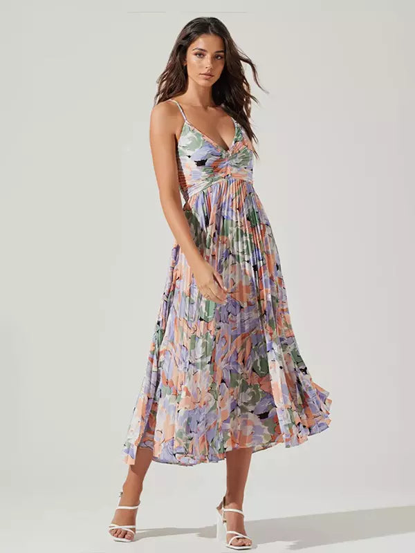 Bohemian Pleated Floral Print V-Neck Long Slip Midi Dress