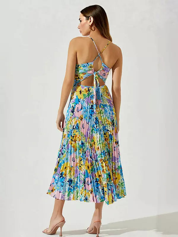 Bohemian Pleated Floral Print V-Neck Long Slip Midi Dress