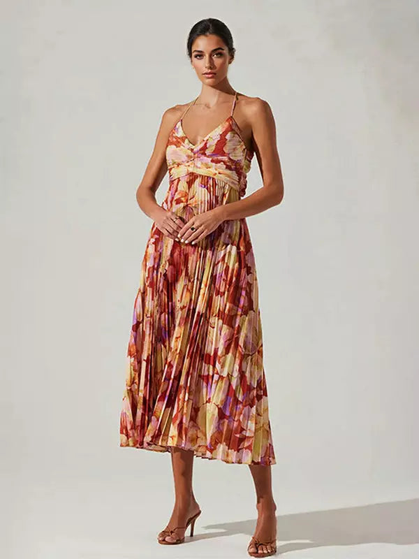 Bohemian Pleated Floral Print V-Neck Long Slip Midi Dress