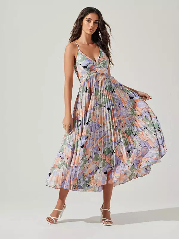 Bohemian Pleated Floral Print V-Neck Long Slip Midi Dress