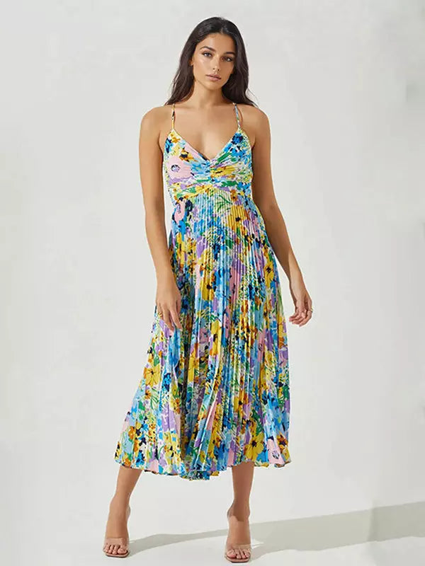 Bohemian Pleated Floral Print V-Neck Long Slip Midi Dress