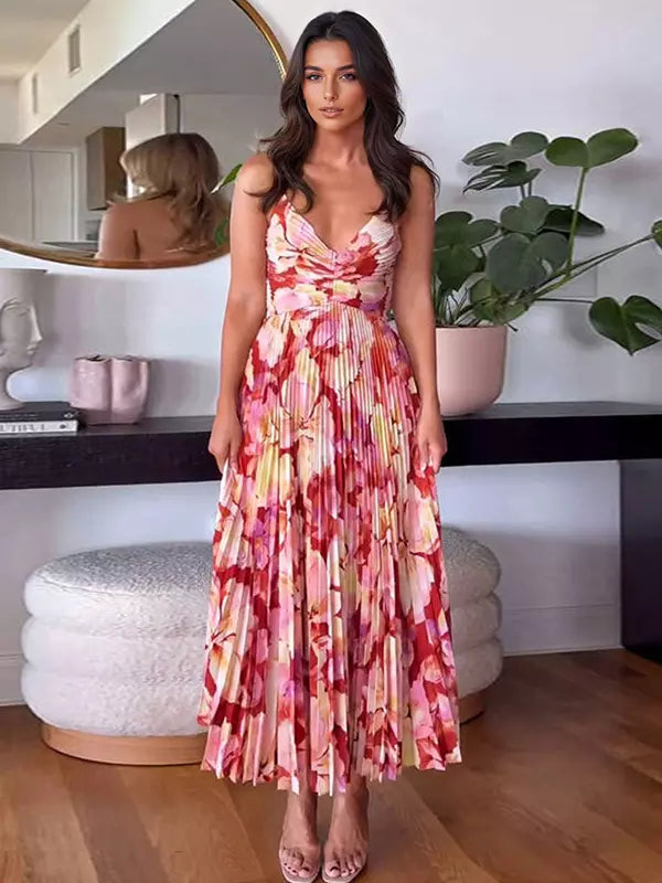 Bohemian Pleated Floral Print V-Neck Long Slip Midi Dress