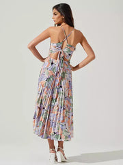Bohemian Pleated Floral Print V-Neck Long Slip Midi Dress