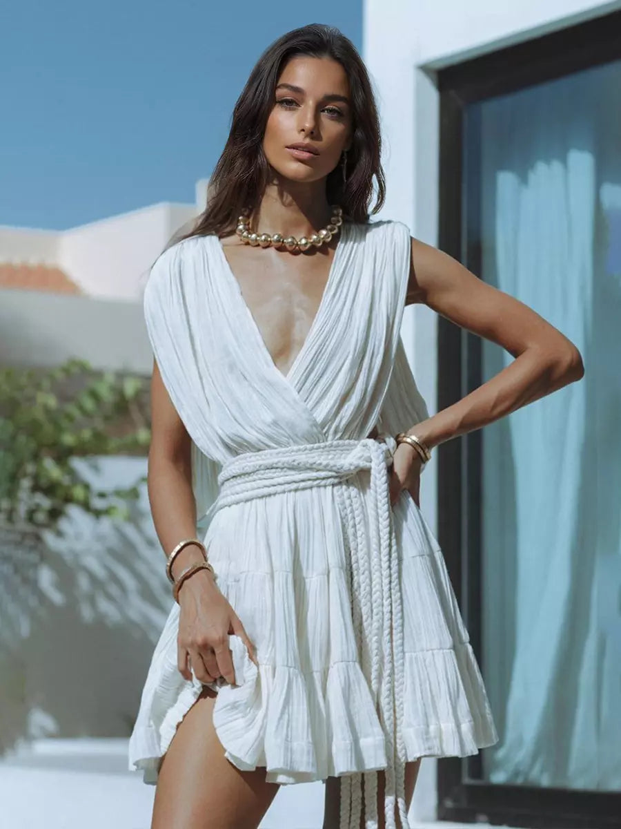 Bohemian Pleated Sleeveless Belted Wrap Mini Dress With Deep V-Neck