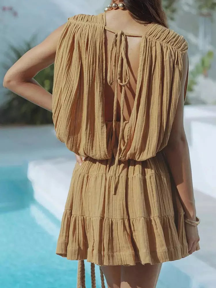 Bohemian Pleated Sleeveless Belted Wrap Mini Dress With Deep V-Neck