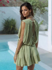 Bohemian Pleated Sleeveless Belted Wrap Mini Dress With Deep V-Neck