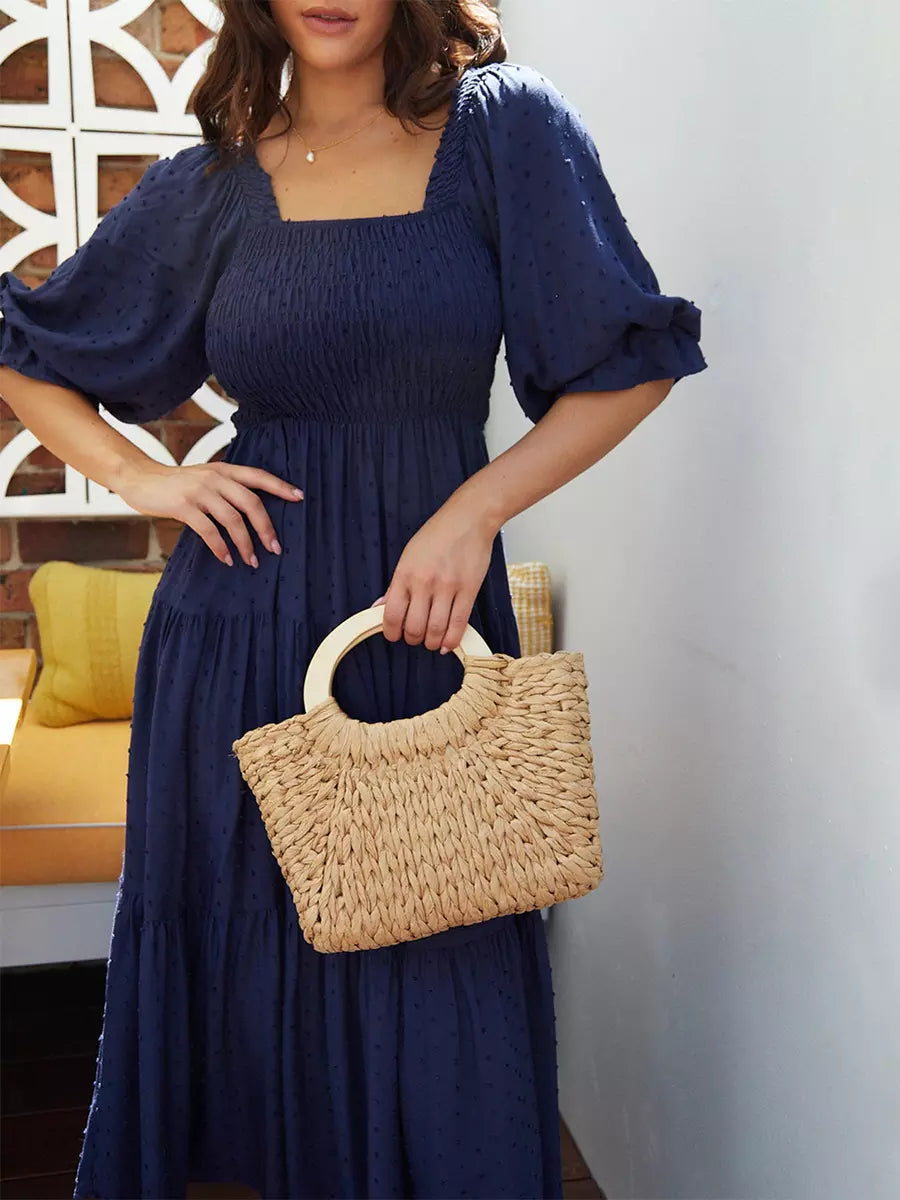 Bohemian Polka Dot Shirred With Half Sleeves Pleated Ruffles Maxi Dress