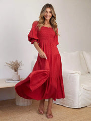 Bohemian Polka Dot Shirred With Half Sleeves Pleated Ruffles Maxi Dress
