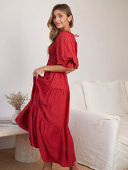 Bohemian Polka Dot Shirred With Half Sleeves Pleated Ruffles Maxi Dress