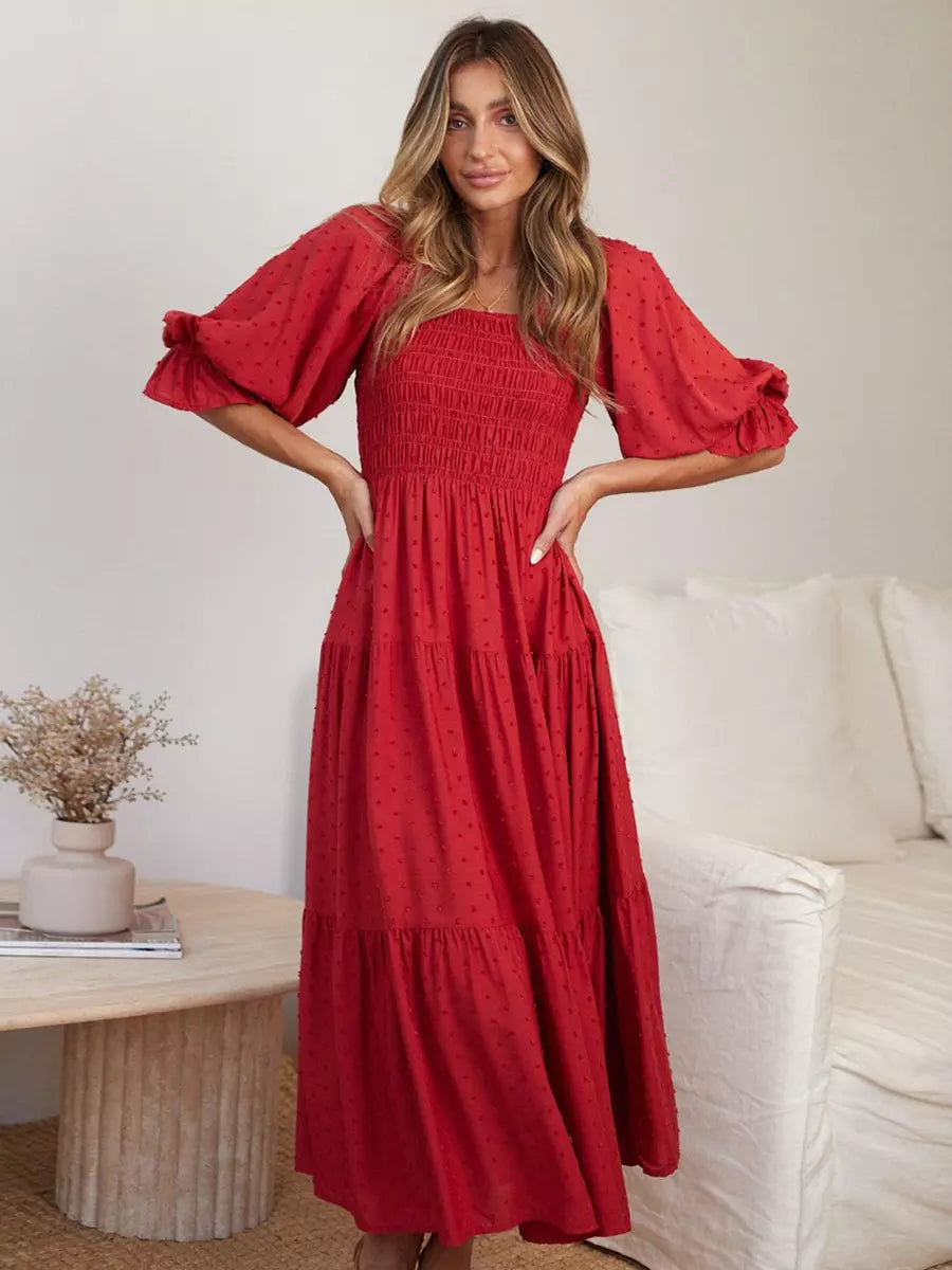 Bohemian Polka Dot Shirred With Half Sleeves Pleated Ruffles Maxi Dress